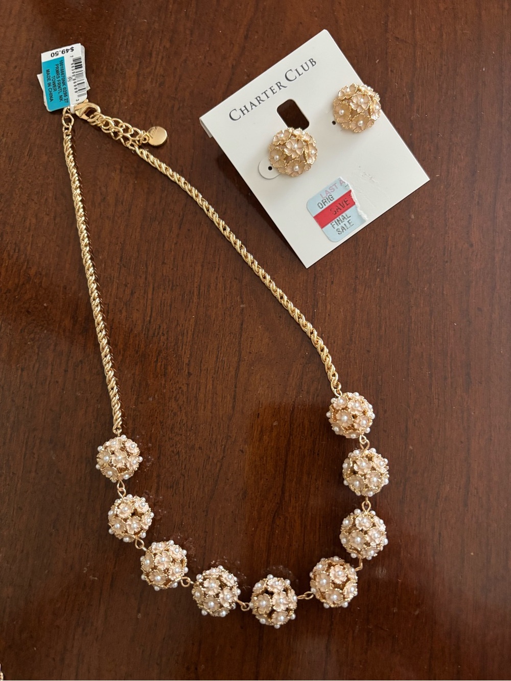 Charter Club Gold-Tone Cluster Pearl & Crystal Necklace with Matching Studs